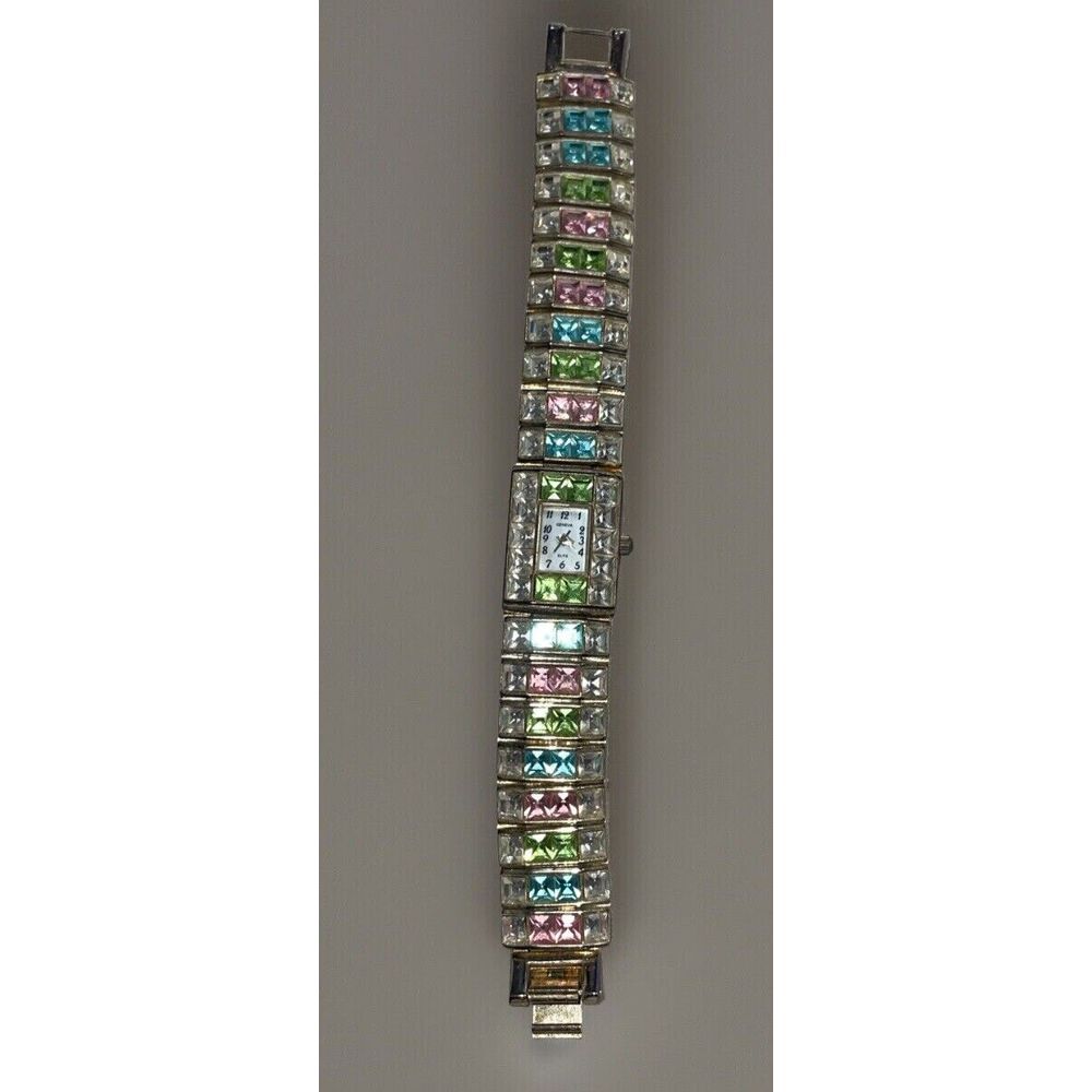 VTGeneva✨Women's Watch Rectangle Dial Green/Pink/Blue/White Crystal Linked Band